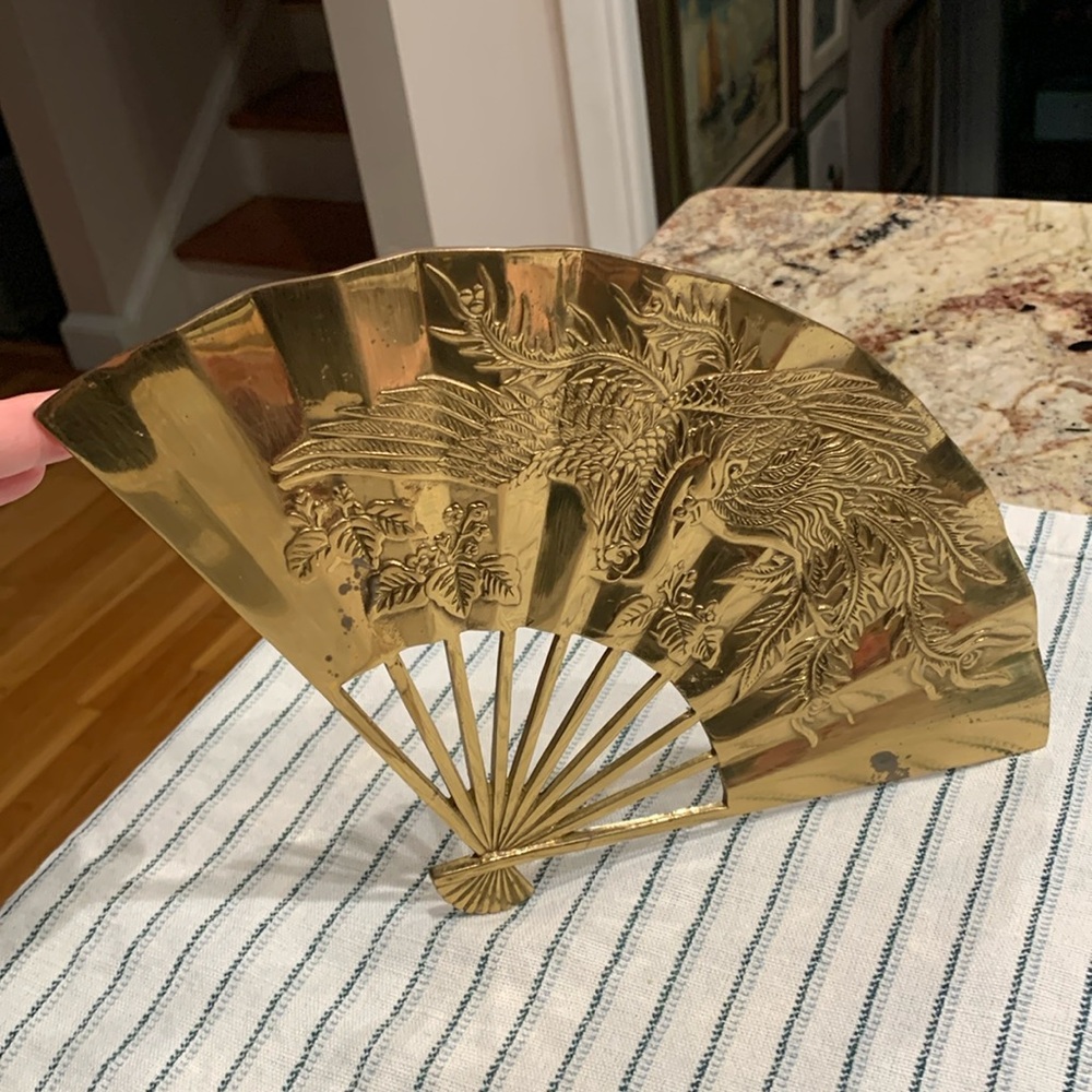 Vintage Solid Brass Bird Dragon Fan Wall Decor
